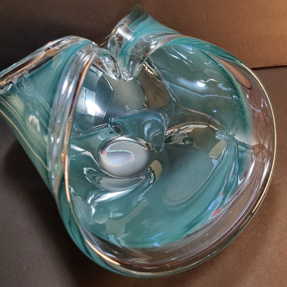 Murano Blue Art Glass Folded Wave Handles Catchall Bowl - Picture 3 of 7